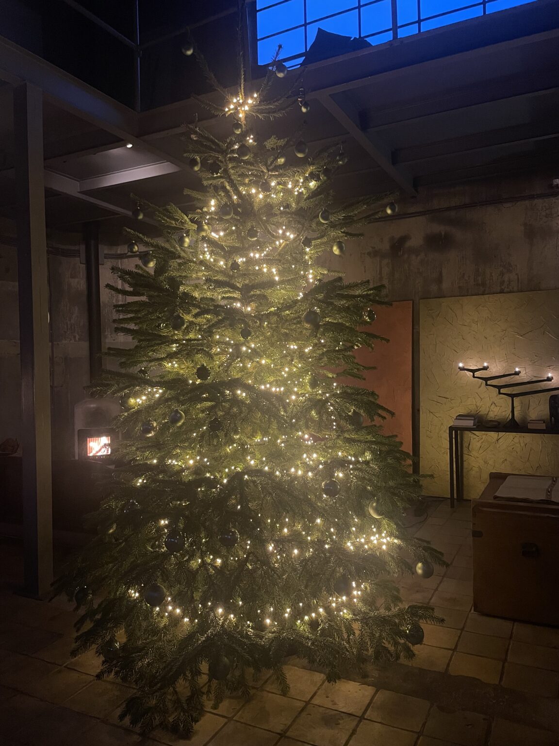 Grote kerstboom onder de vide met de houtkachel, Gunpowderstudio